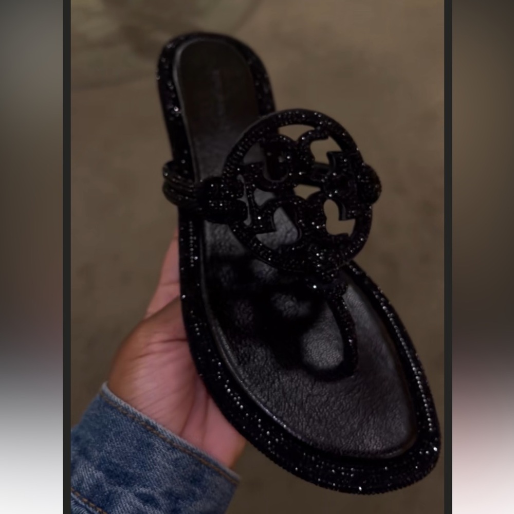 Tory Burch Black Crystal Logo Thong Sandals - Picture 2 of 2